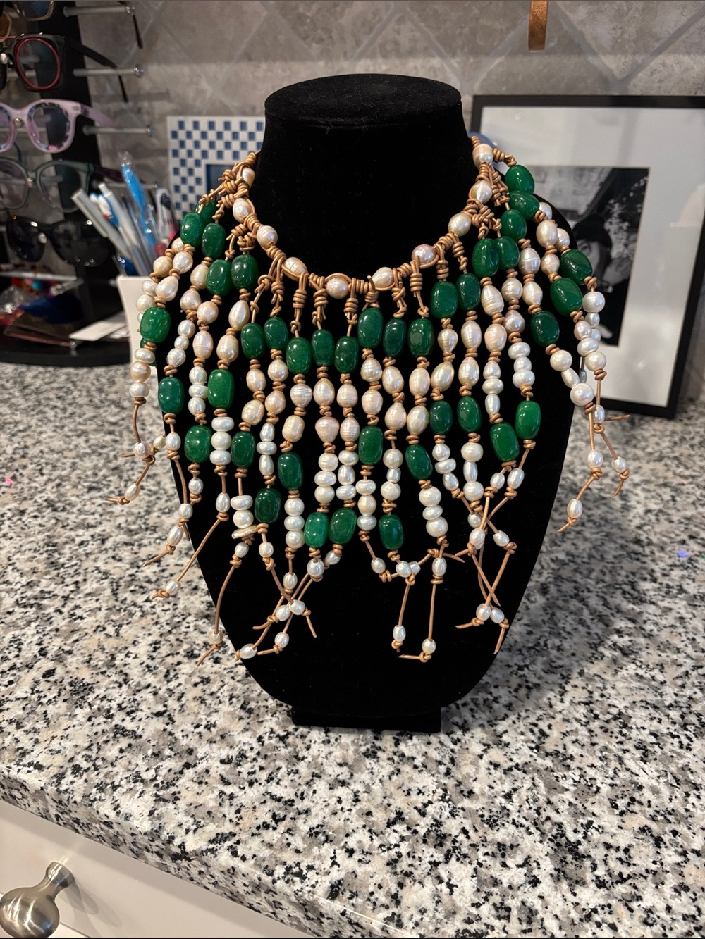 Handcrafted Jade and Pearl Statement Necklace